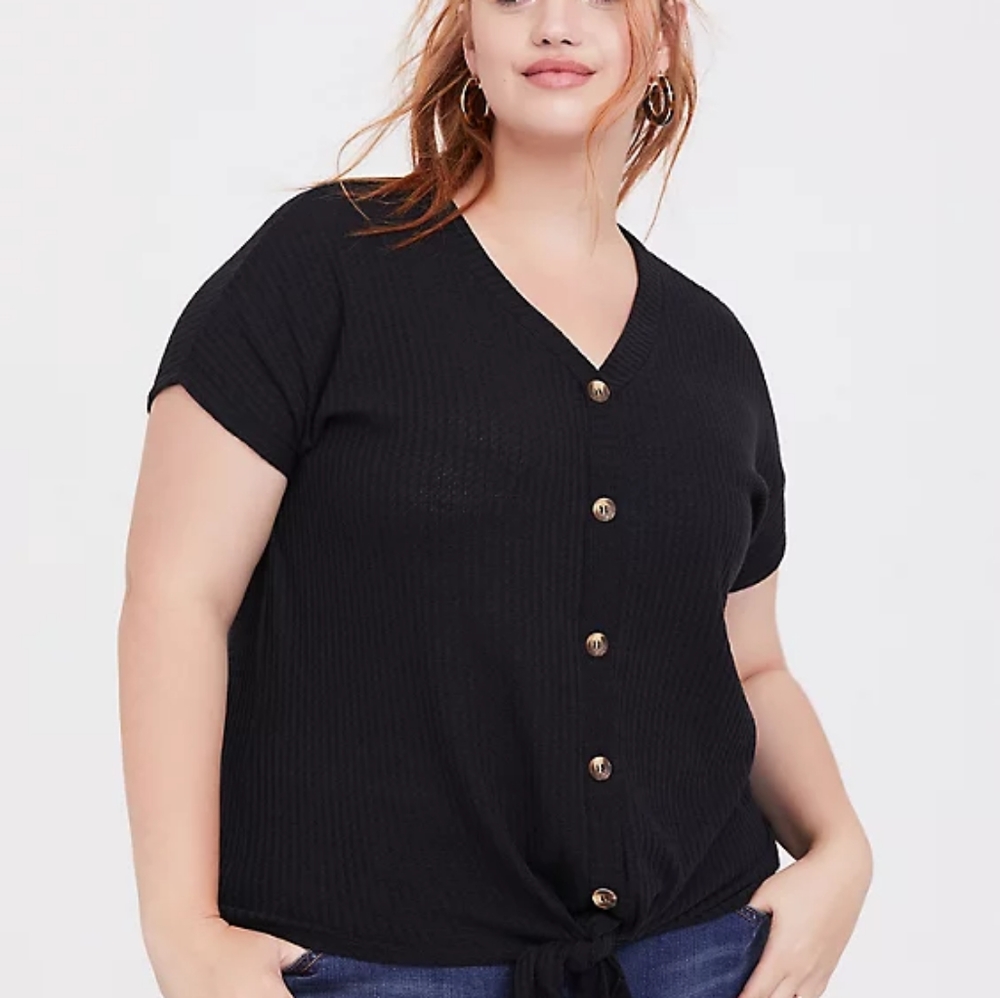 Torrid Size 00X BLack Waffle Knit Button Up Tie Front Shirt NWOT